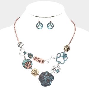 Green Dog Paw Prints Bone Pendant Necklace Patina Verdigris Puppy Animal Lover